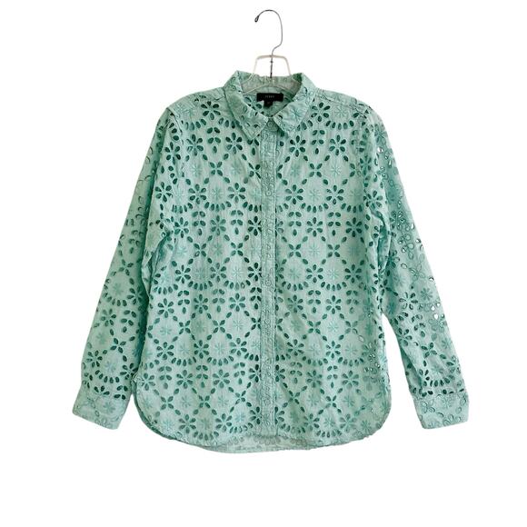 J. Crew Button-Up Shirt Embroidered Eyelet Sz 12 Preppy Coastal Aqua Green - Picture 1 of 4